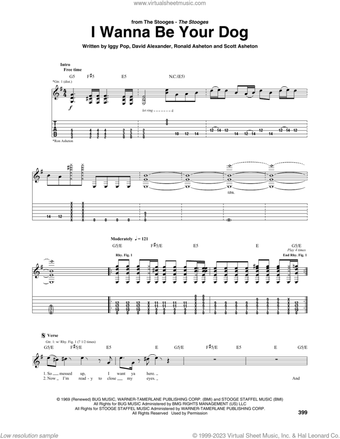 I Wanna Be Your Dog sheet music for guitar (tablature) by The Stooges, David Alexander, Iggy Pop, Ronald Asheton and Scott Asheton, intermediate skill level