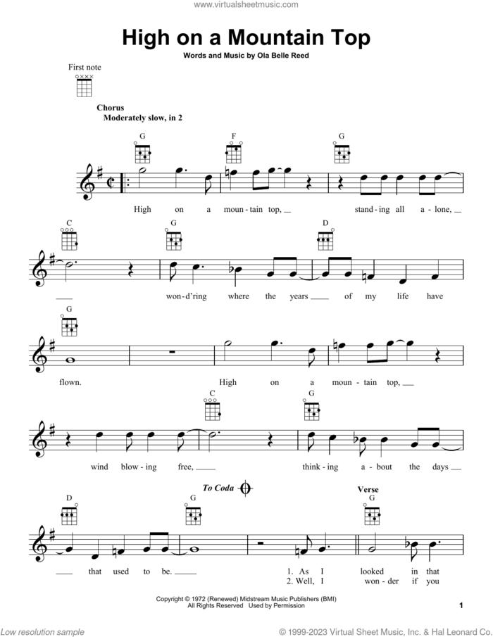 High On A Mountain Top sheet music for ukulele by Ola Belle Reed, intermediate skill level