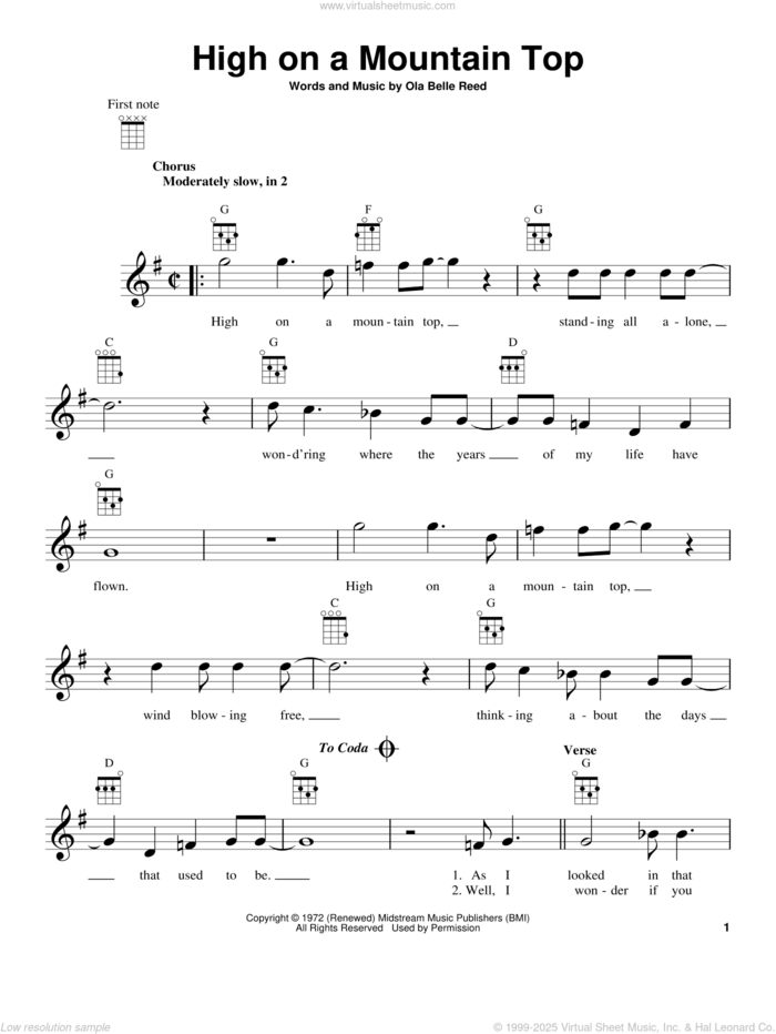 High On A Mountain Top sheet music for ukulele by Ola Belle Reed, intermediate skill level