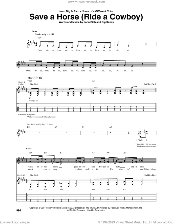 Save A Horse (Ride A Cowboy) sheet music for guitar (tablature) by Big & Rich, Big Kenny and John Rich, intermediate skill level