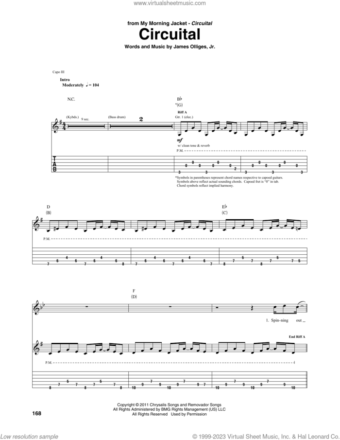 Circuital sheet music for guitar (tablature) by My Morning Jacket and James Olliges, Jr., intermediate skill level