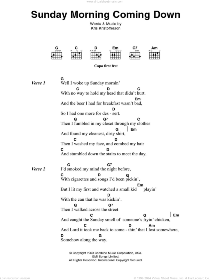 Sunday Morning Coming Down sheet music for guitar (chords) by Johnny Cash and Kris Kristofferson, intermediate skill level