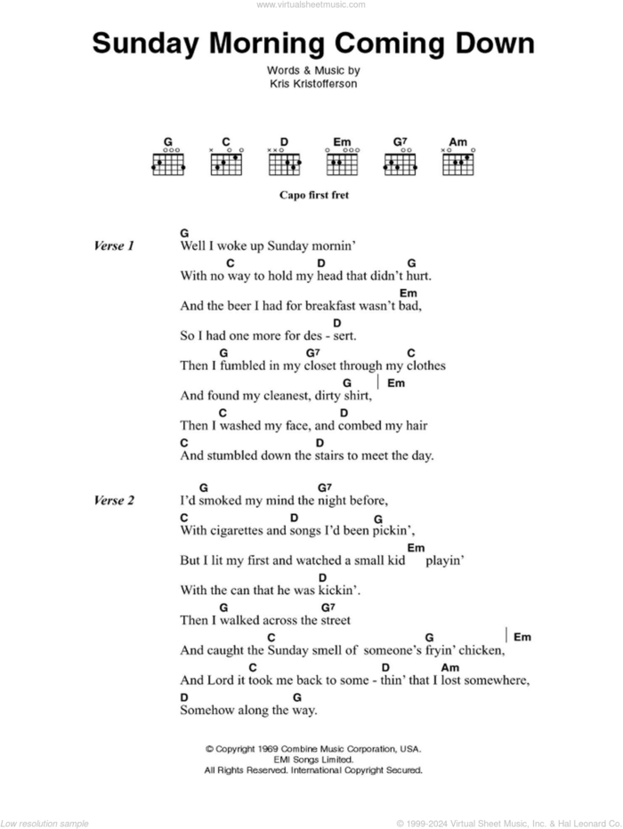 Sunday Morning Coming Down sheet music for guitar (chords) by Johnny Cash and Kris Kristofferson, intermediate skill level