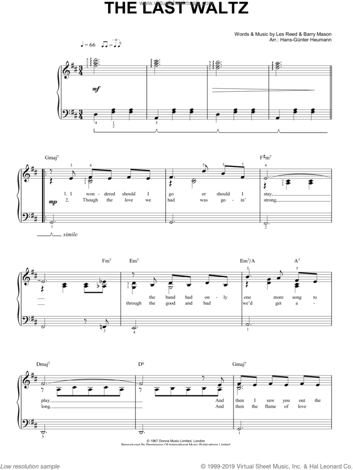 The Last Waltz sheet music for piano solo by Engelbert Humperdinck, Hans-Gunter Heumann, Barry Mason and Les Reed, easy skill level