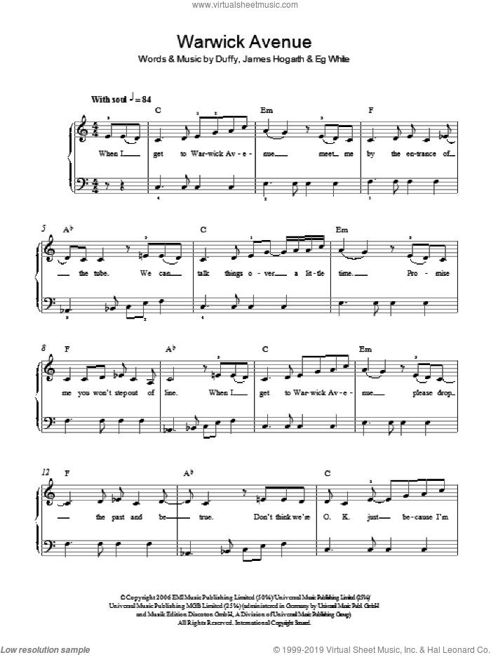 Warwick Avenue sheet music for piano solo by Duffy, Aimee Duffy, Francis White and James Hogarth, easy skill level