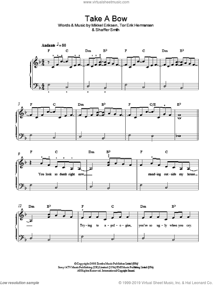 Take A Bow sheet music for piano solo by Rihanna, Mikkel Eriksen, Shaffer Smith and Tor Erik Hermansen, easy skill level