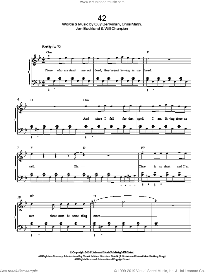 42 sheet music for piano solo by Coldplay, Chris Martin, Guy Berryman, Jon Buckland and Will Champion, easy skill level