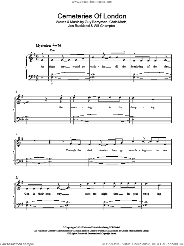 Cemeteries Of London sheet music for piano solo by Coldplay, Chris Martin, Guy Berryman, Jon Buckland and Will Champion, easy skill level