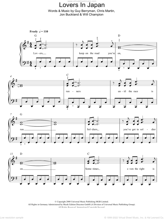Lovers In Japan sheet music for piano solo by Coldplay, Chris Martin, Guy Berryman, Jon Buckland and Will Champion, easy skill level
