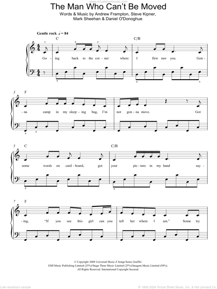 The Man Who Can't Be Moved sheet music for piano solo by The Script, Andrew Frampton, Mark Sheehan and Steve Kipner, easy skill level