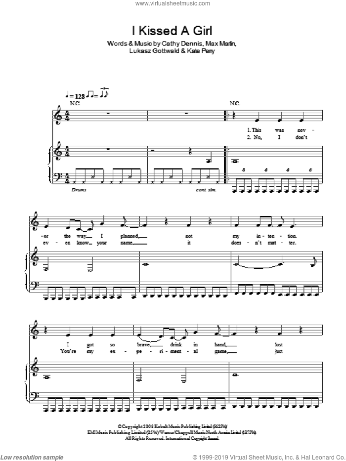 I Kissed A Girl sheet music for voice, piano or guitar by Katy Perry, Cathy Dennis, Kate Perry, Lukasz Gottwald and Max Martin, intermediate skill level