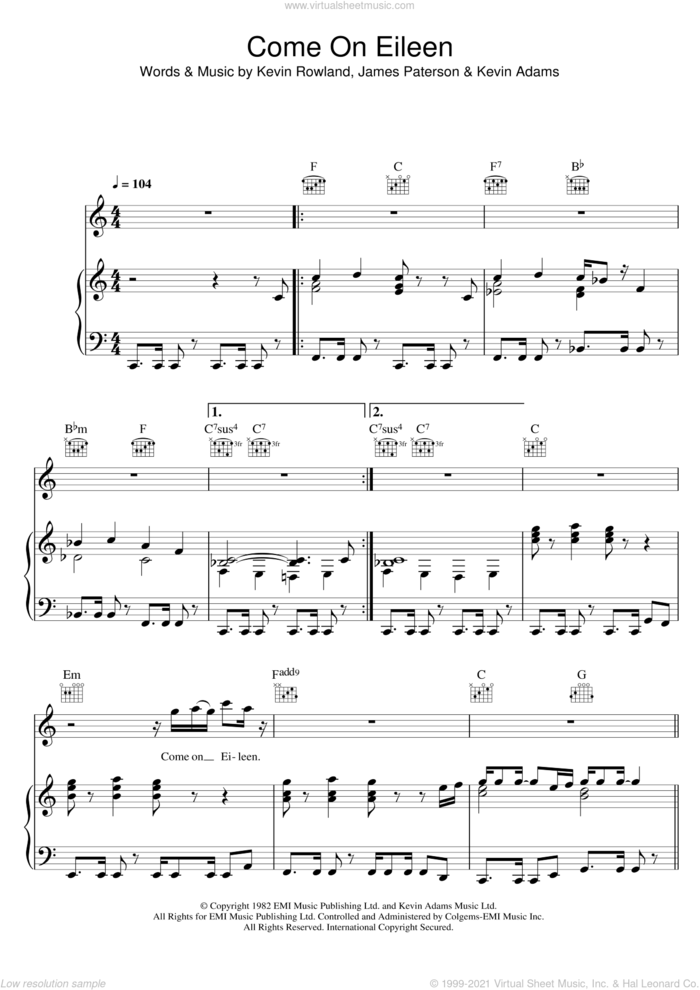 Come On Eileen sheet music for voice, piano or guitar by Dexy's Midnight Runners, James Paterson, Kevin Adams and Kevin Rowland, intermediate skill level