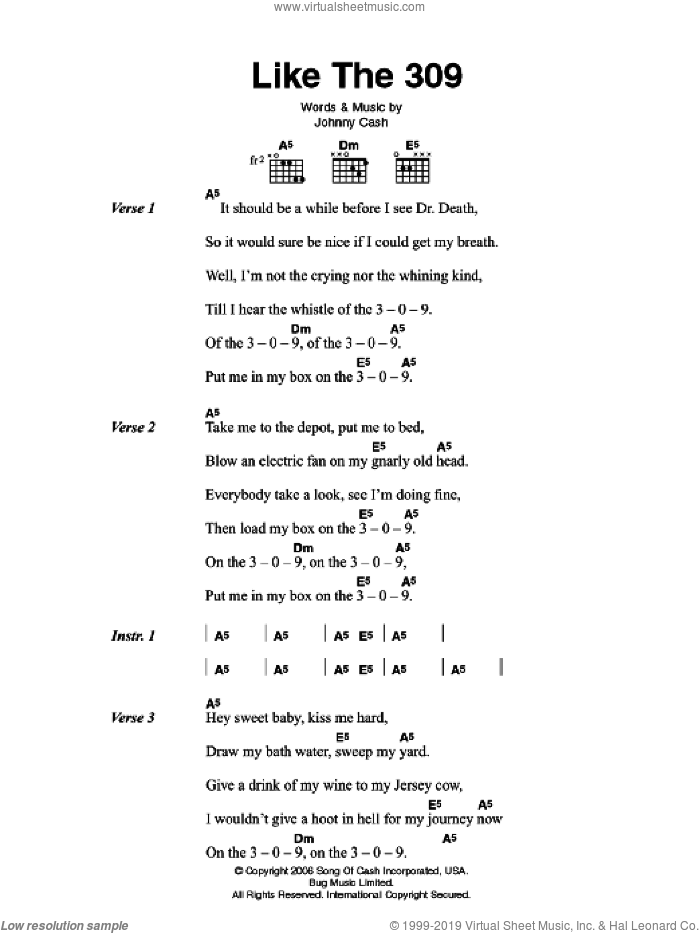 Like The 309 sheet music for guitar (chords) by Johnny Cash, intermediate skill level