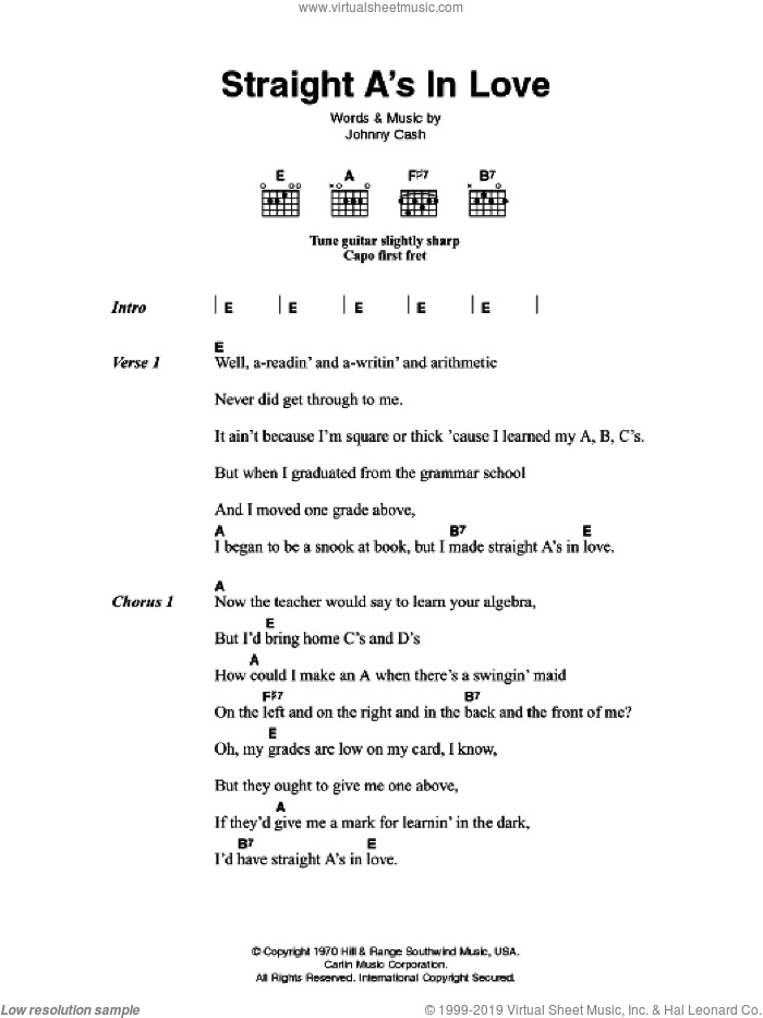 Straight A's In Love sheet music for guitar (chords) by Johnny Cash, intermediate skill level