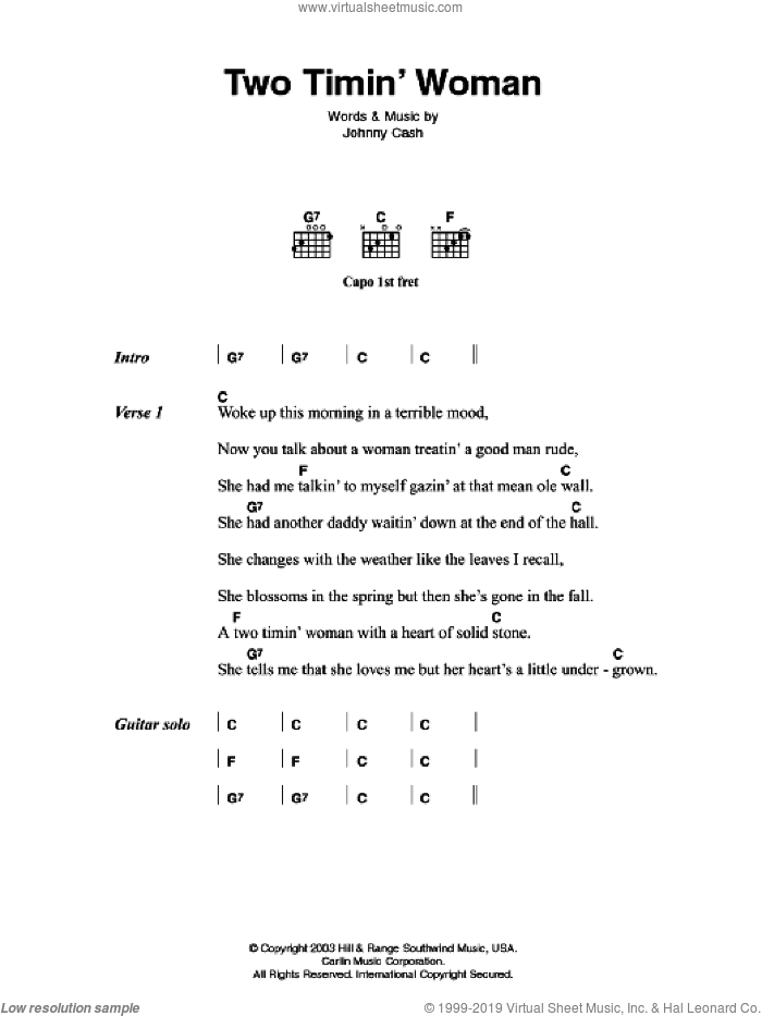 Two Timin' Woman sheet music for guitar (chords) by Johnny Cash, intermediate skill level