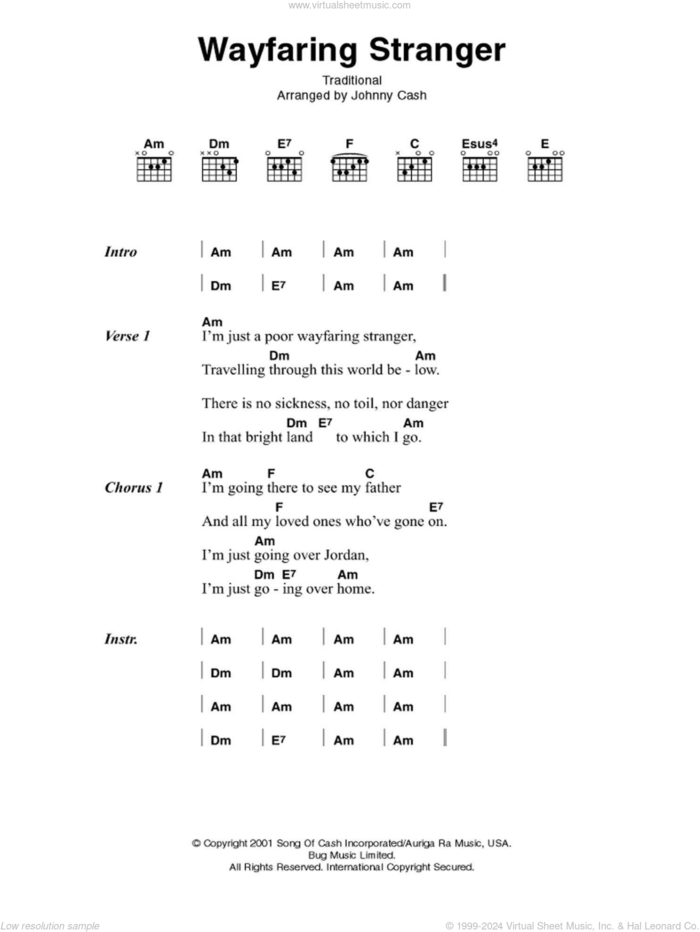 Wayfaring Stranger sheet music for guitar (chords) by Johnny Cash and Miscellaneous, intermediate skill level