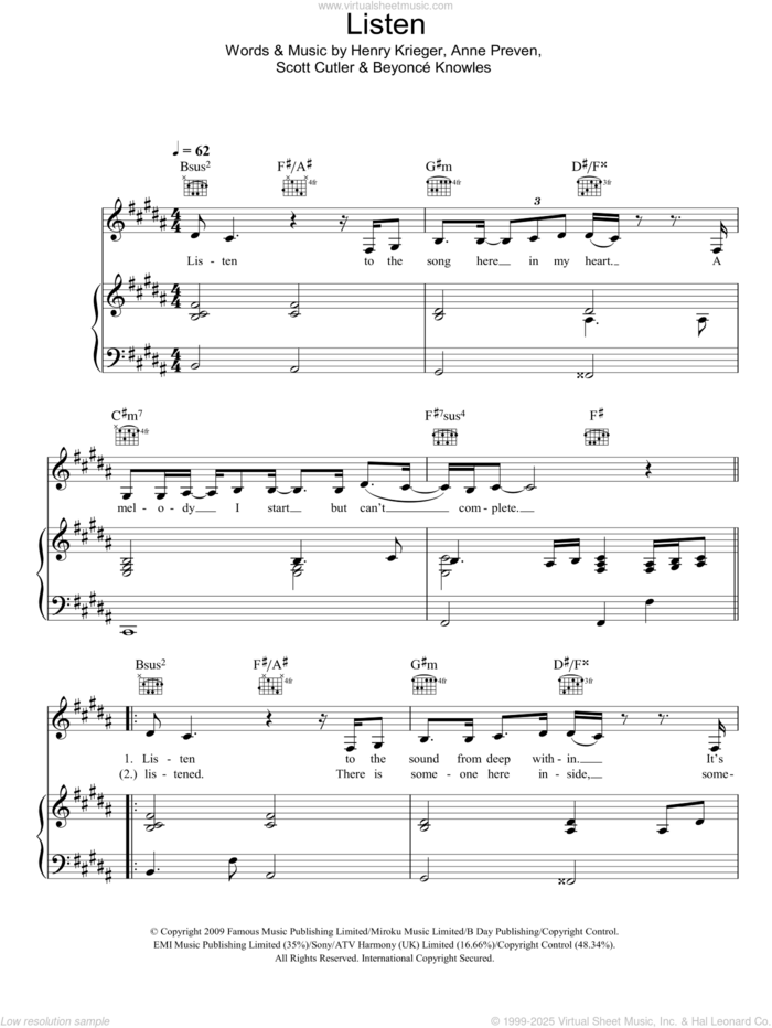 Listen (from Dreamgirls) sheet music for voice, piano or guitar by Beyonce, Anne Preven, Henry Krieger and Scott Cutler, intermediate skill level