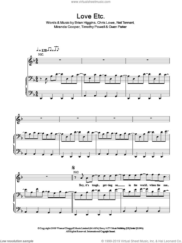 Love Etc. sheet music for voice, piano or guitar by The Pet Shop Boys, Brian Higgins, Chris Lowe, Miranda Cooper, Neil Tennant, Owen Parker and Timothy Powell, intermediate skill level