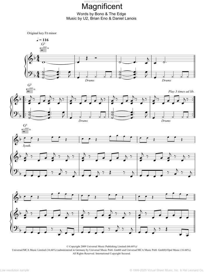 Magnificent sheet music for voice, piano or guitar by U2, Brian Eno, Daniel Lanois, Bono and The Edge, intermediate skill level