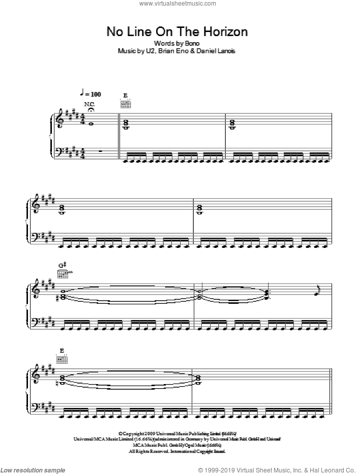 No Line On The Horizon sheet music for voice, piano or guitar by U2, Brian Eno, Daniel Lanois and Bono, intermediate skill level