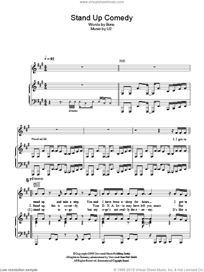 Stand Up Comedy sheet music for voice, piano or guitar by U2 and Bono, intermediate skill level