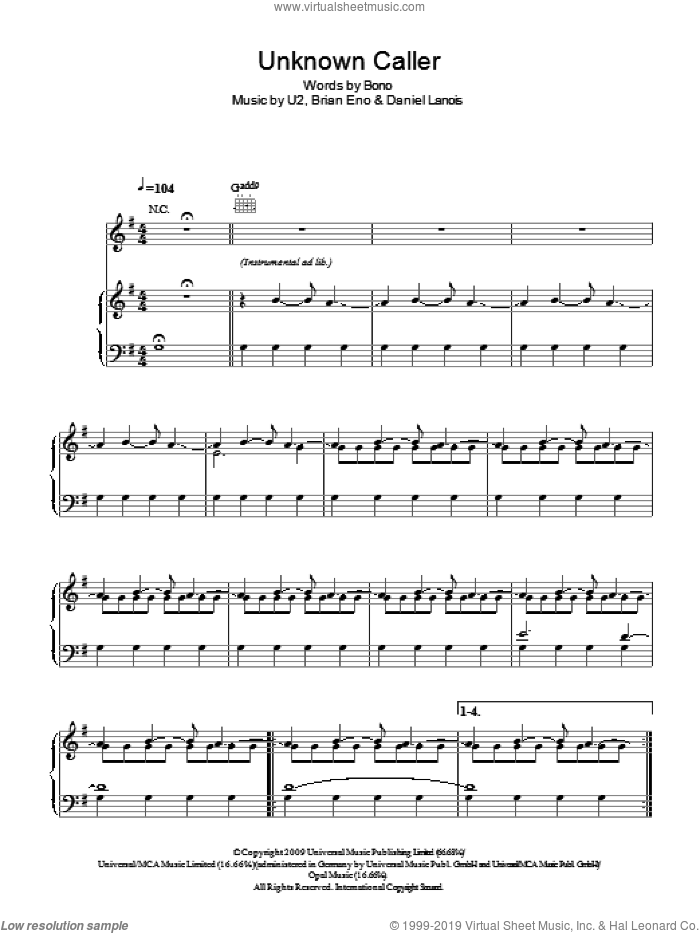 Unknown Caller sheet music for voice, piano or guitar by U2, Brian Eno, Daniel Lanois and Bono, intermediate skill level