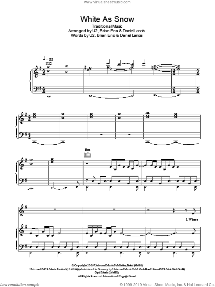White As Snow sheet music for voice, piano or guitar by U2, Brian Eno, Daniel Lanois and Miscellaneous, intermediate skill level