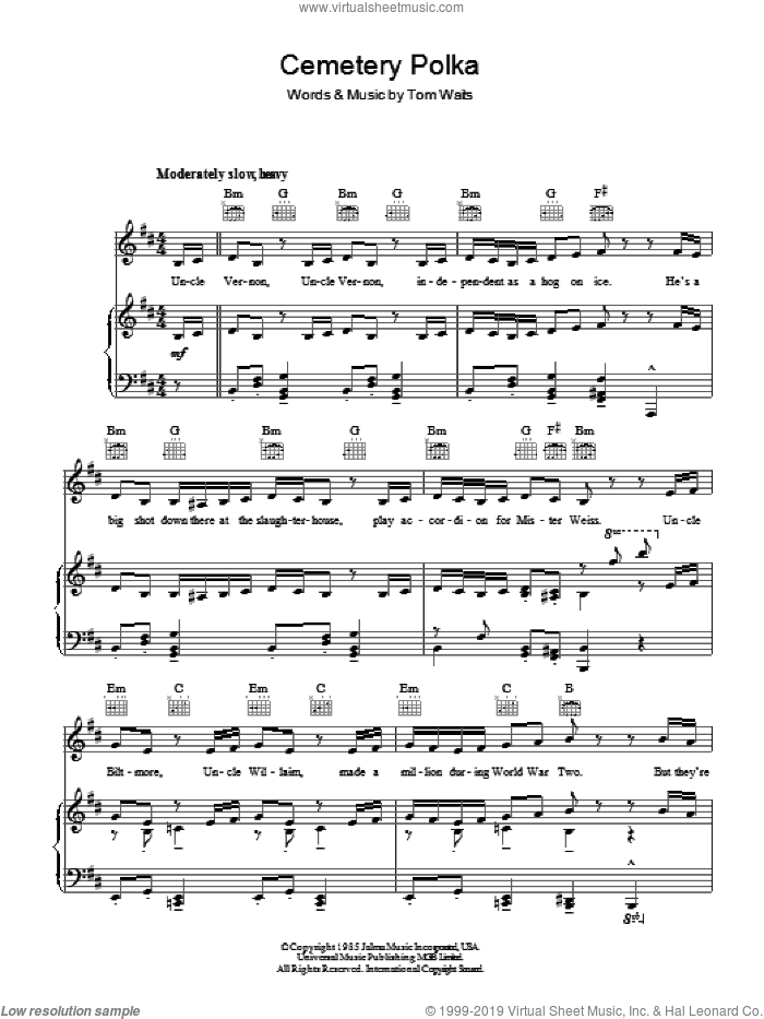 Cemetery Polka sheet music for voice, piano or guitar by Tom Waits, intermediate skill level