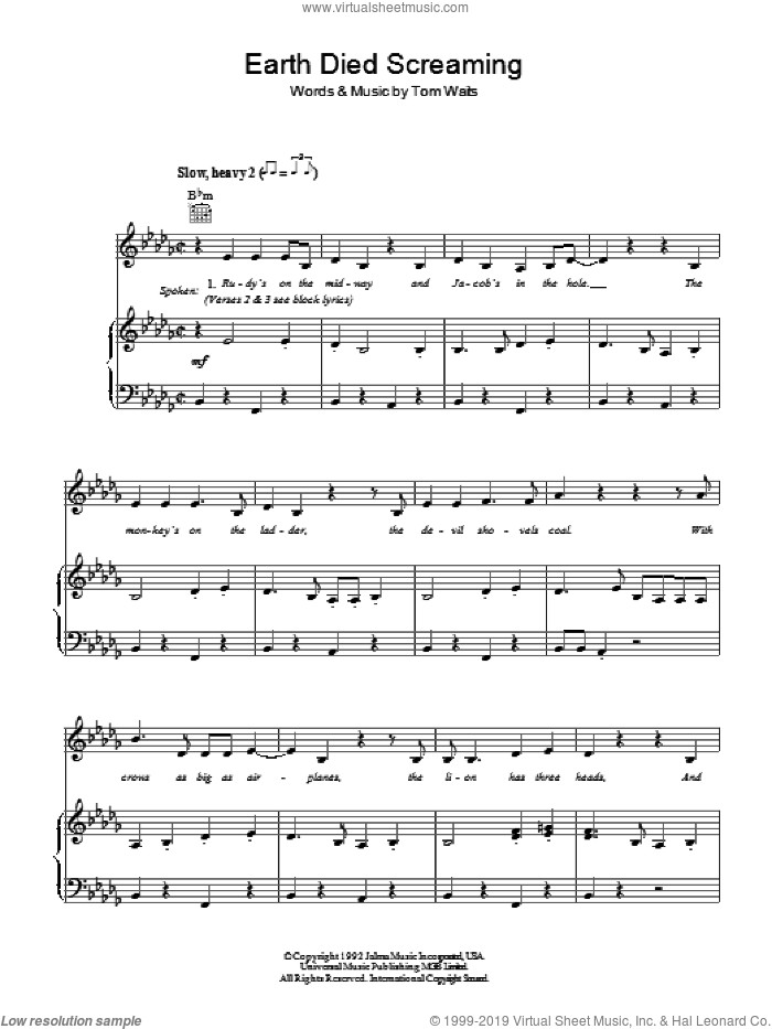 Earth Died Screaming sheet music for voice, piano or guitar by Tom Waits, intermediate skill level