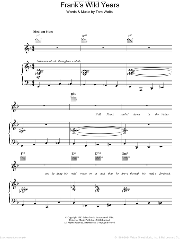 Frank's Wild Years sheet music for voice, piano or guitar by Tom Waits, intermediate skill level