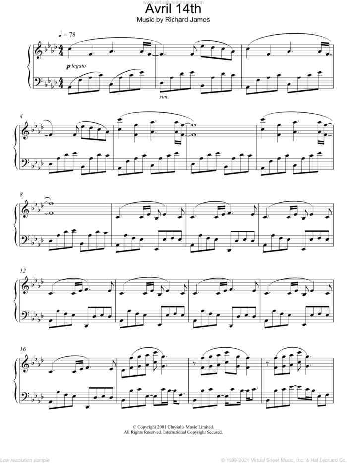 Avril 14th sheet music for piano solo by Aphex Twin, intermediate skill level