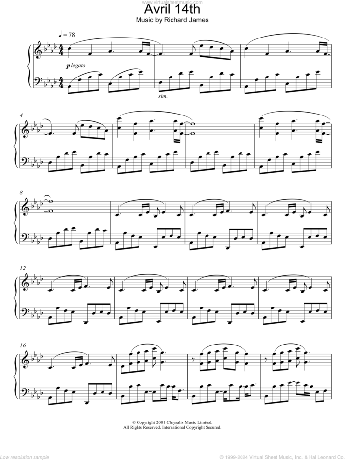 Avril 14th sheet music for piano solo by Aphex Twin, intermediate skill level