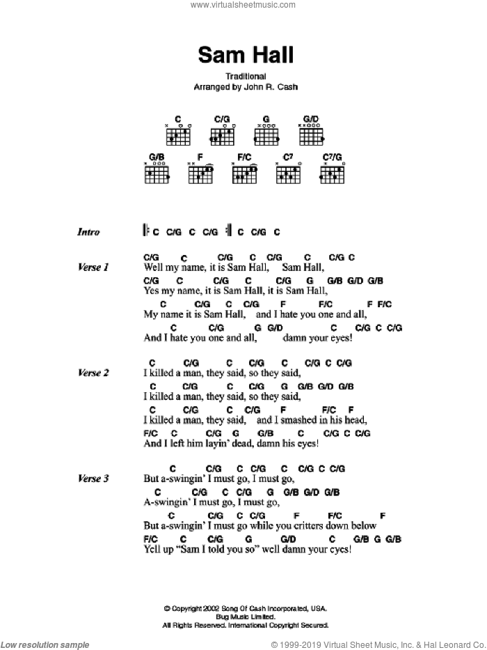 Sam Hall sheet music for guitar (chords) by Johnny Cash, intermediate skill level