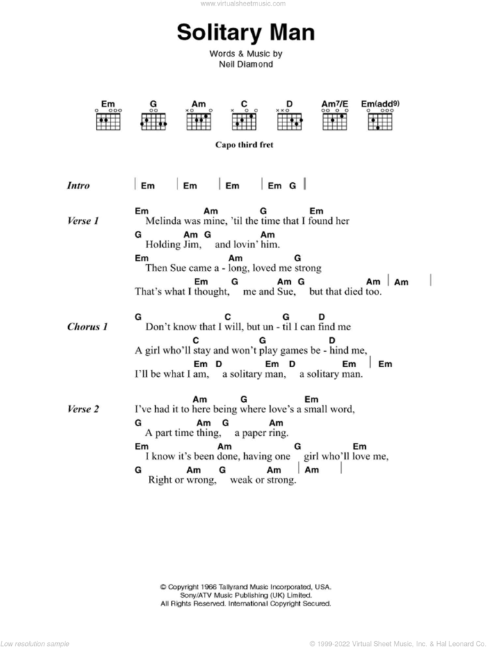 Solitary Man sheet music for guitar (chords) by Johnny Cash and Neil Diamond, intermediate skill level