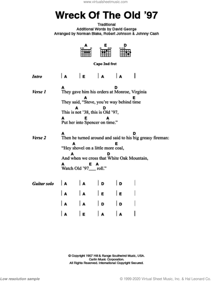Wreck Of The Old '97 sheet music for guitar (chords) by Johnny Cash, Norman Blake, Robert Johnson, Miscellaneous and David George, intermediate skill level