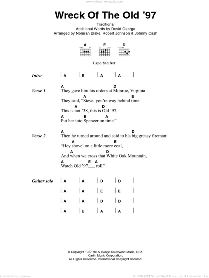 Wreck Of The Old '97 sheet music for guitar (chords) by Johnny Cash, Norman Blake, Robert Johnson, Miscellaneous and David George, intermediate skill level