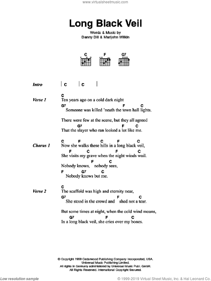 Long Black Veil sheet music for guitar (chords) by Johnny Cash, Danny Dill and Marijohn Wilkin, intermediate skill level