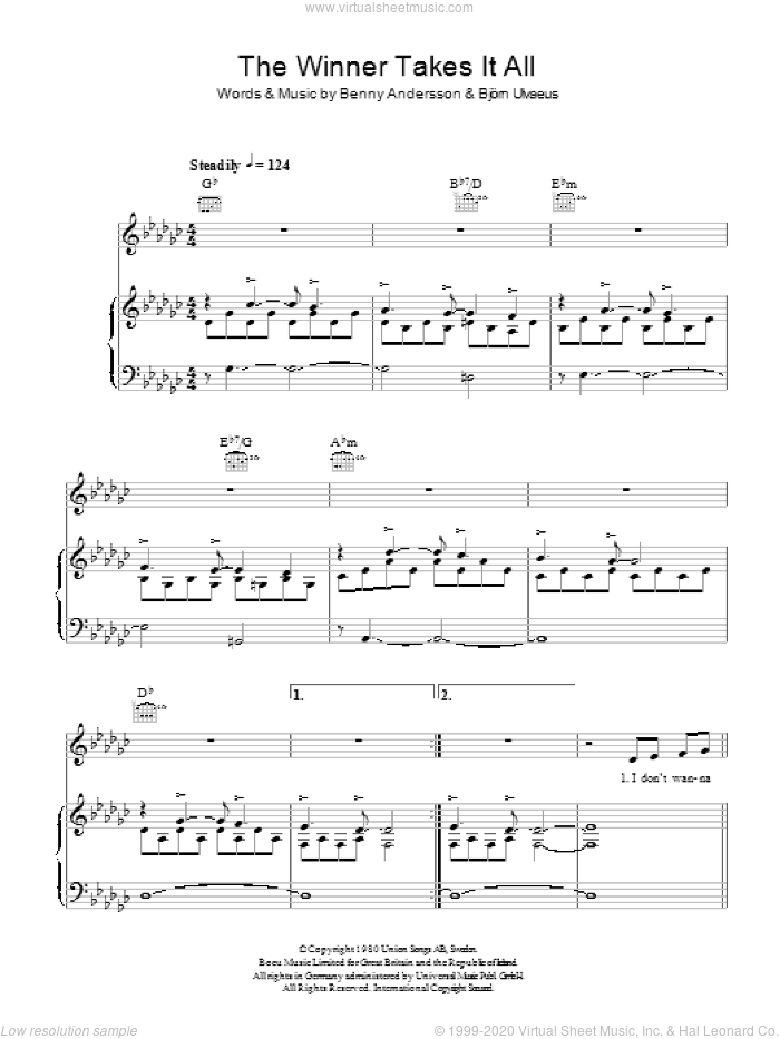 The Winner Takes It All sheet music for voice, piano or guitar by ABBA, Benny Andersson, Bjorn Ulvaeus and Miscellaneous, intermediate skill level