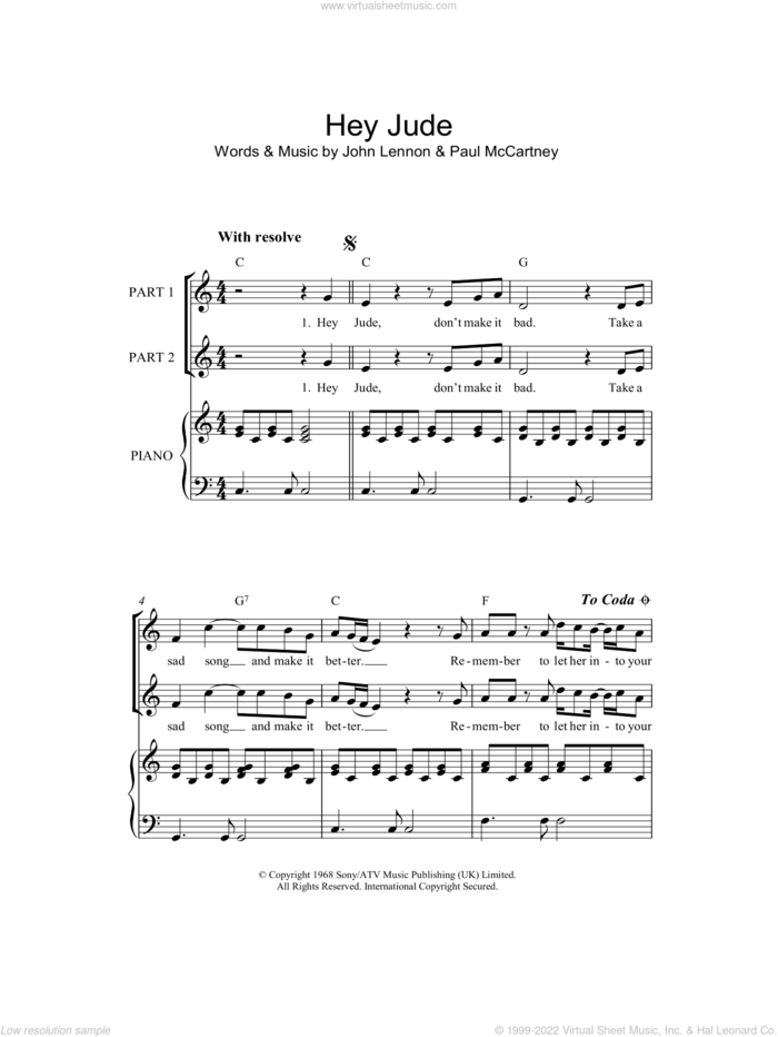 Hey Jude (arr. Rick Hein) sheet music for choir (2-Part) by The Beatles, Rick Hein, John Lennon and Paul McCartney, intermediate duet