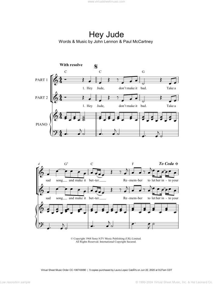 Hey Jude (arr. Rick Hein) sheet music for choir (2-Part) by The Beatles, Rick Hein, John Lennon and Paul McCartney, intermediate duet