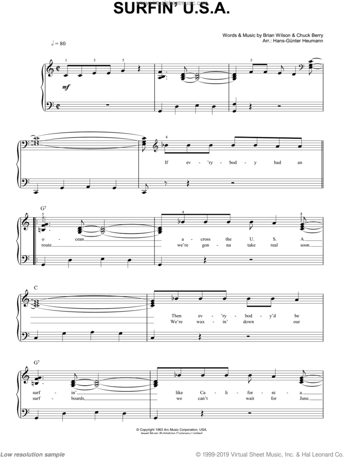 Surfin' U.S.A. sheet music for piano solo by The Beach Boys, Brian Wilson and Chuck Berry, easy skill level