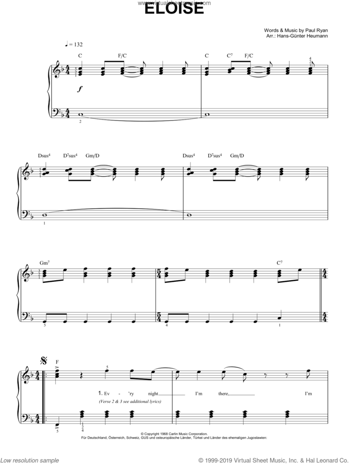 Eloise sheet music for piano solo by Barry Ryan, Hans-Gunter Heumann and Paul Ryan, easy skill level