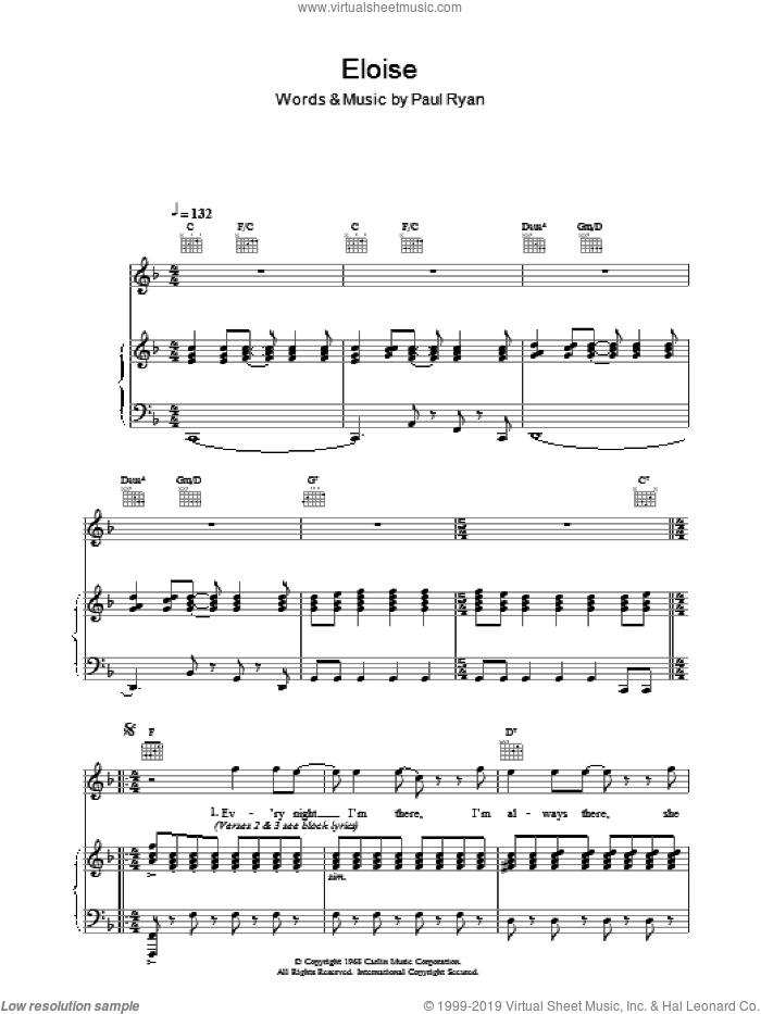 Eloise sheet music for voice, piano or guitar by Barry Ryan and Paul Ryan, intermediate skill level