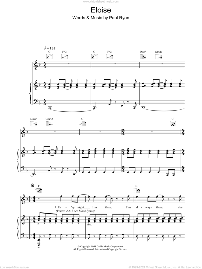 Eloise sheet music for voice, piano or guitar by Barry Ryan and Paul Ryan, intermediate skill level