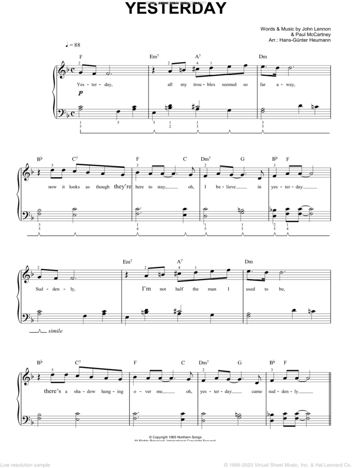 Yesterday, (easy) sheet music for piano solo by The Beatles, Hans-Gunter Heumann, John Lennon and Paul McCartney, easy skill level
