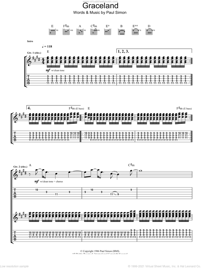 Graceland sheet music for guitar (tablature) by Paul Simon, intermediate skill level