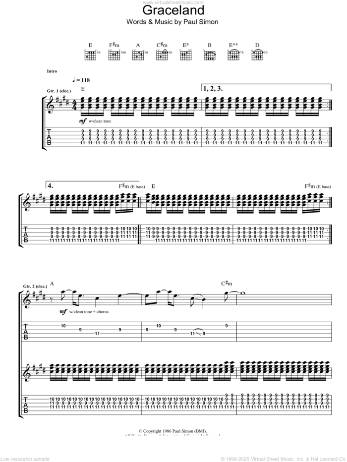 Graceland sheet music for guitar (tablature) by Paul Simon, intermediate skill level