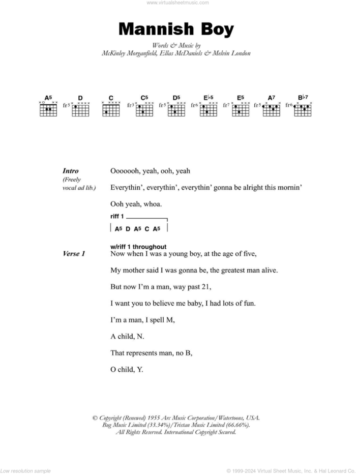 Mannish Boy sheet music for guitar (chords) by Muddy Waters, Ellas McDaniels, McKinley Morganfield and Melvin London, intermediate skill level