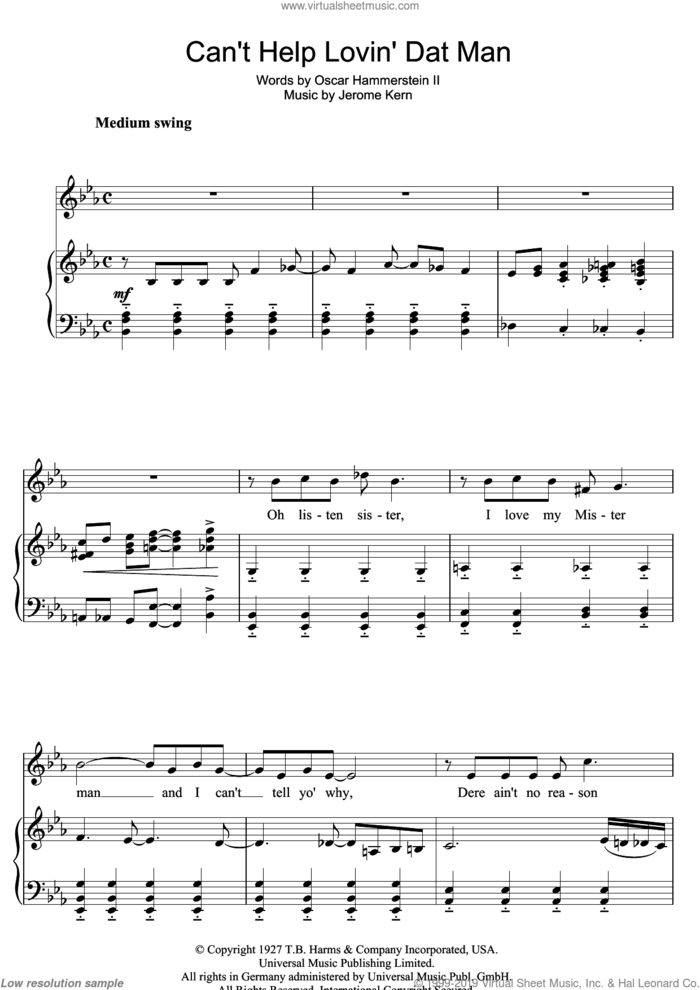 Can't Help Lovin' Dat Man sheet music for voice and piano by Jerome Kern, Show Boat (Musical) and Oscar II Hammerstein, intermediate skill level