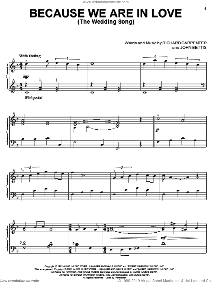 Because We Are In Love (The Wedding Song) sheet music for piano solo by Carpenters, John Bettis and Richard Carpenter, wedding score, intermediate skill level